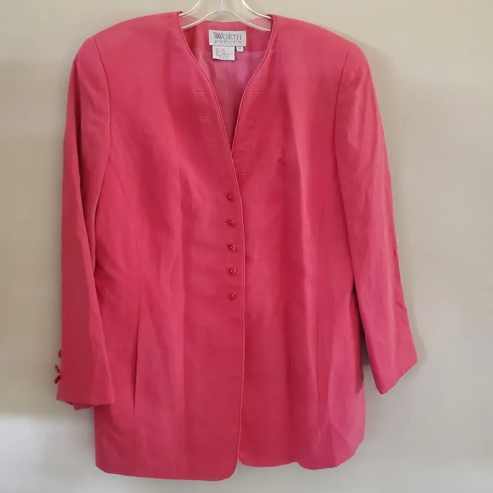 Vtg WORTH Petite Women's Pink  Blazer Silk & Linen-Blend  Size 14 Preppy‎